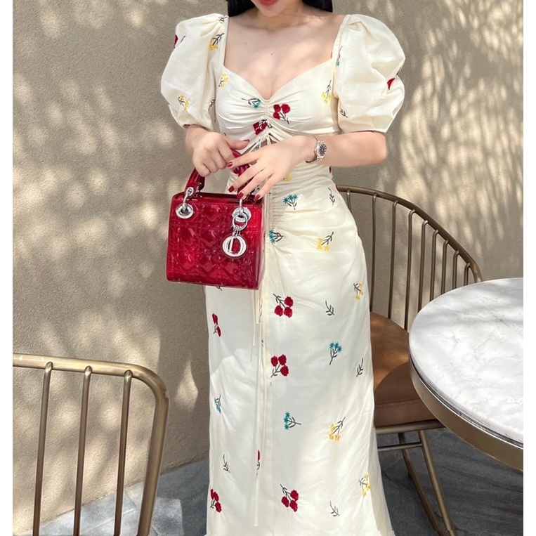 Đầm Maxi Nữ Tay Bồng Rúm Hông, Váy trắng maxi hoa Tay Bồng