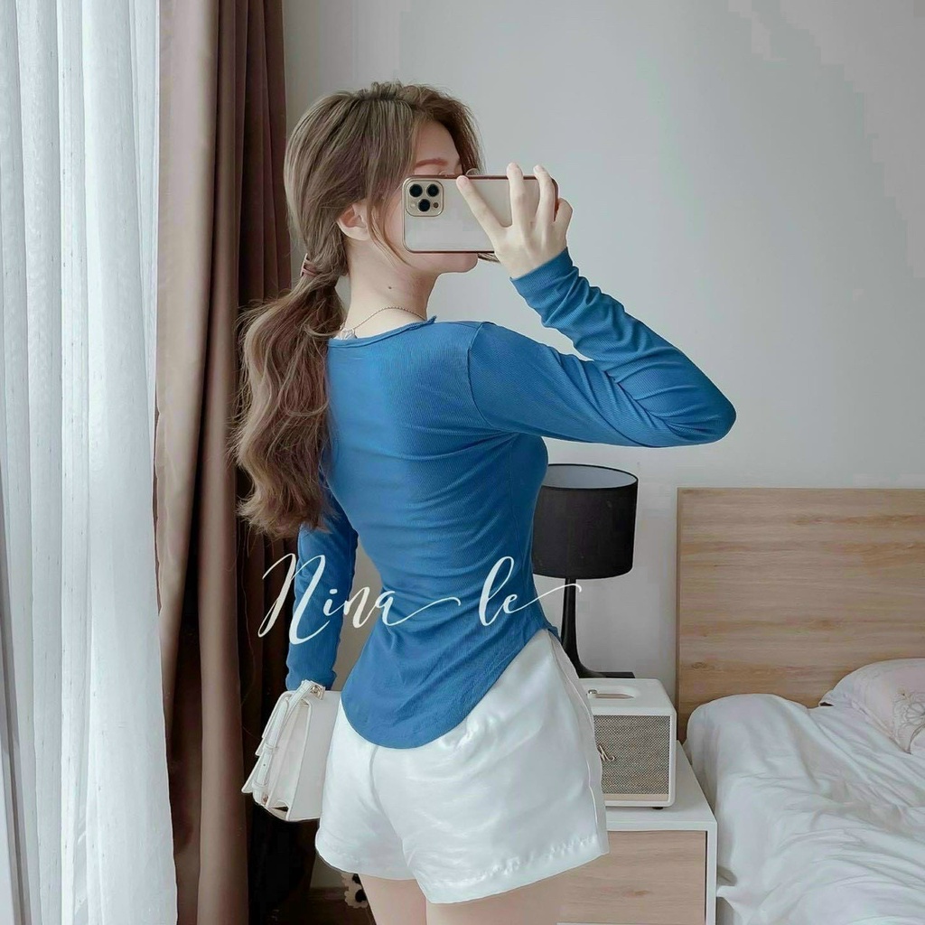 Áo thun body dài tay cổ vuông vạt bầu chất thun gân