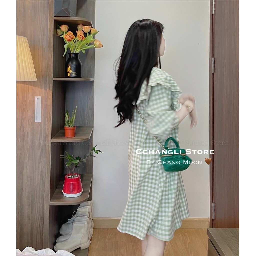 Đầm caro xanh cổ sen siêu hot