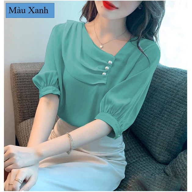 Áo Kiểu Nữ Hàn Quốc Cổ cách điệu Tay bồng Đẹp Dễ thương, chất đũi Hàn