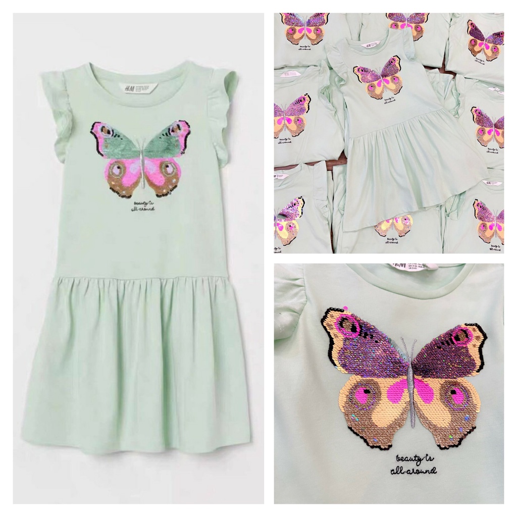 Váy hè HM bé gái màu bạc hà xuất dư xịn. Chất cotton mềm mịn, thêu cườm lật hình bướm lấp lánh lung linh . Size 2-12 Y