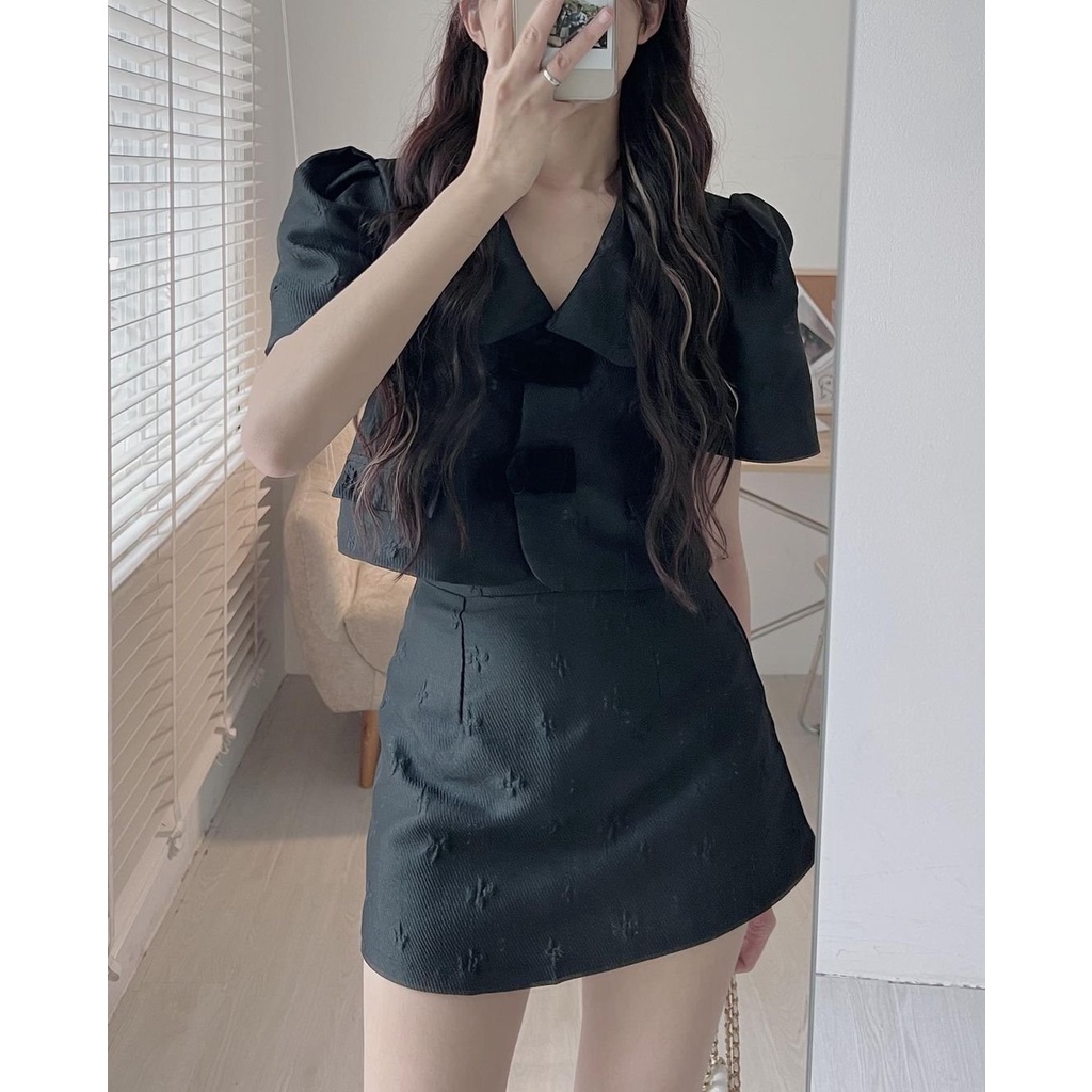 [SẴN/VIDEO] SET GẤM HOA NỔI NƠ NGỰC ĐEN CỘC TAY 2 LỚP HÀNG ĐẸP LOẠI 1