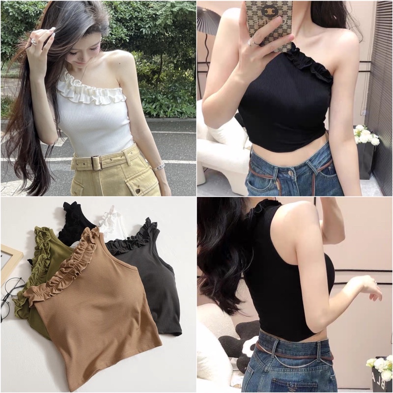 Áo Bra Nữ Cổ Viền Nhún Lệch Vai Dáng Lửng Có Đệm Ngực Softie 356