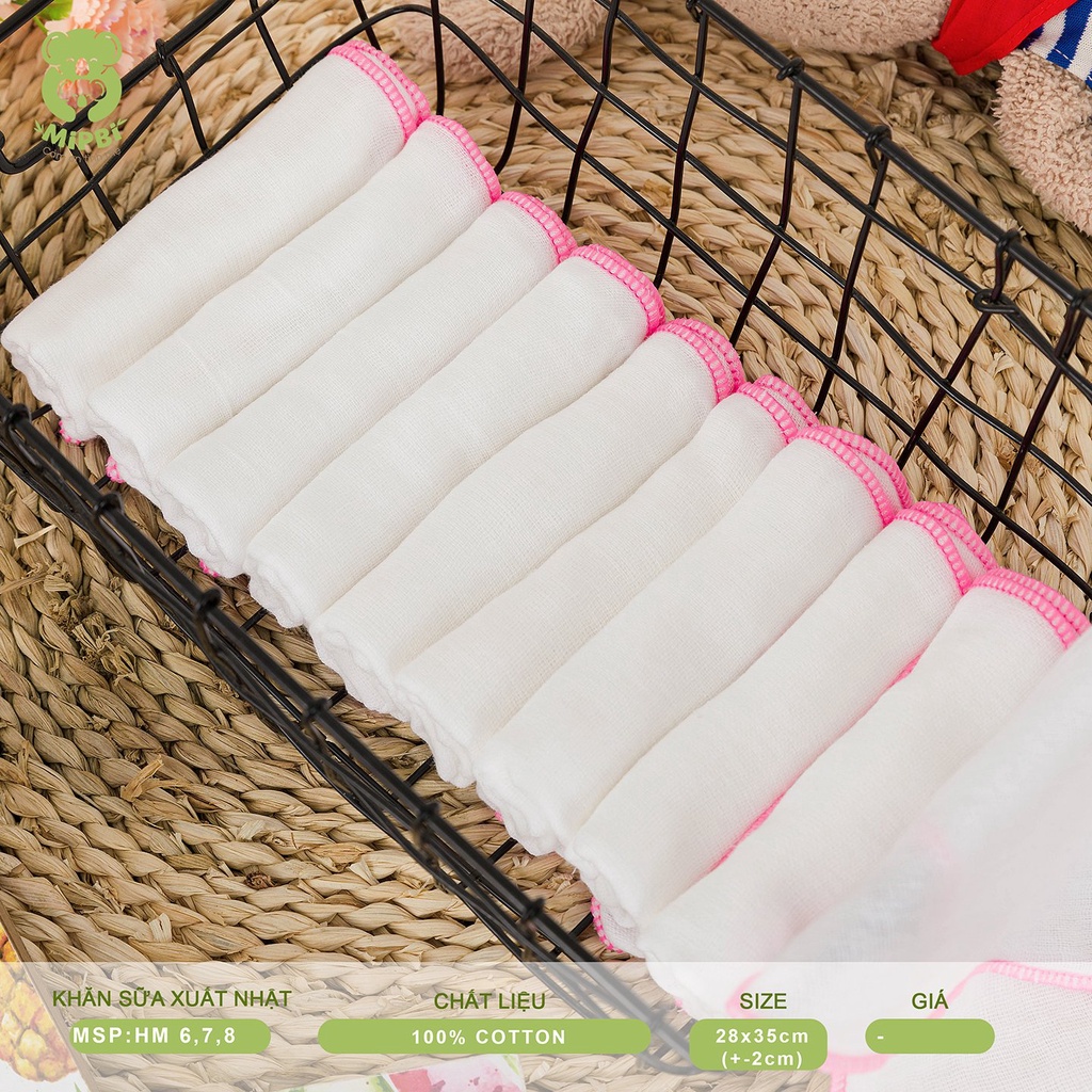 Khăn sữa Mipbi xuất Nhật 4 lớp 100% cotton HM8 (Gói 10 chiếc)