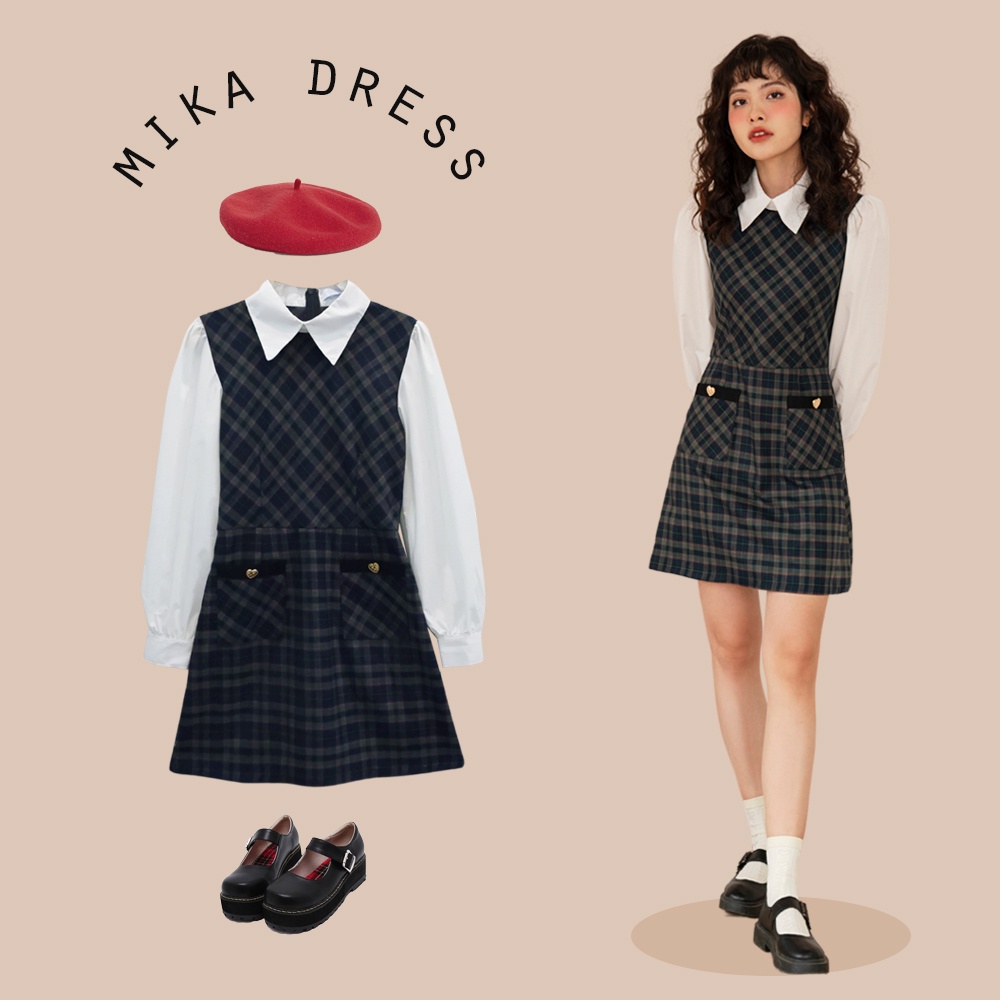 BLEUBIRD Váy caro phối tay trắng dáng A Mika Dress