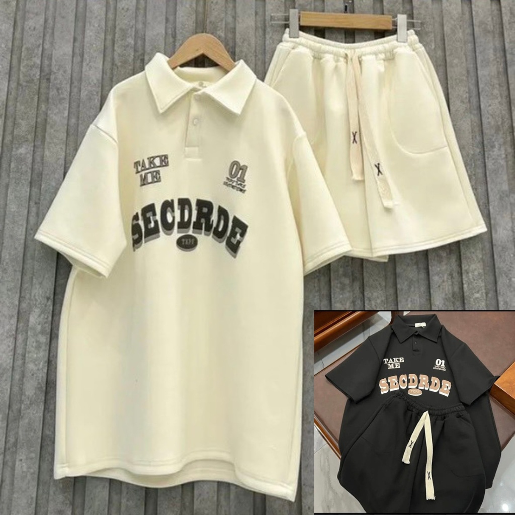 Sét bộ áo polo in chữ sec kèm quần đui form rộng unisex 2 màu be đen xưởng sỉ nguyễn hoa