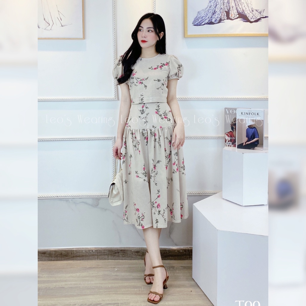 Set váy nữ LEOSWEARING chân váy xòe dáng dài mix áo croptop tay ngắn cột nơ sau vải Linen T99
