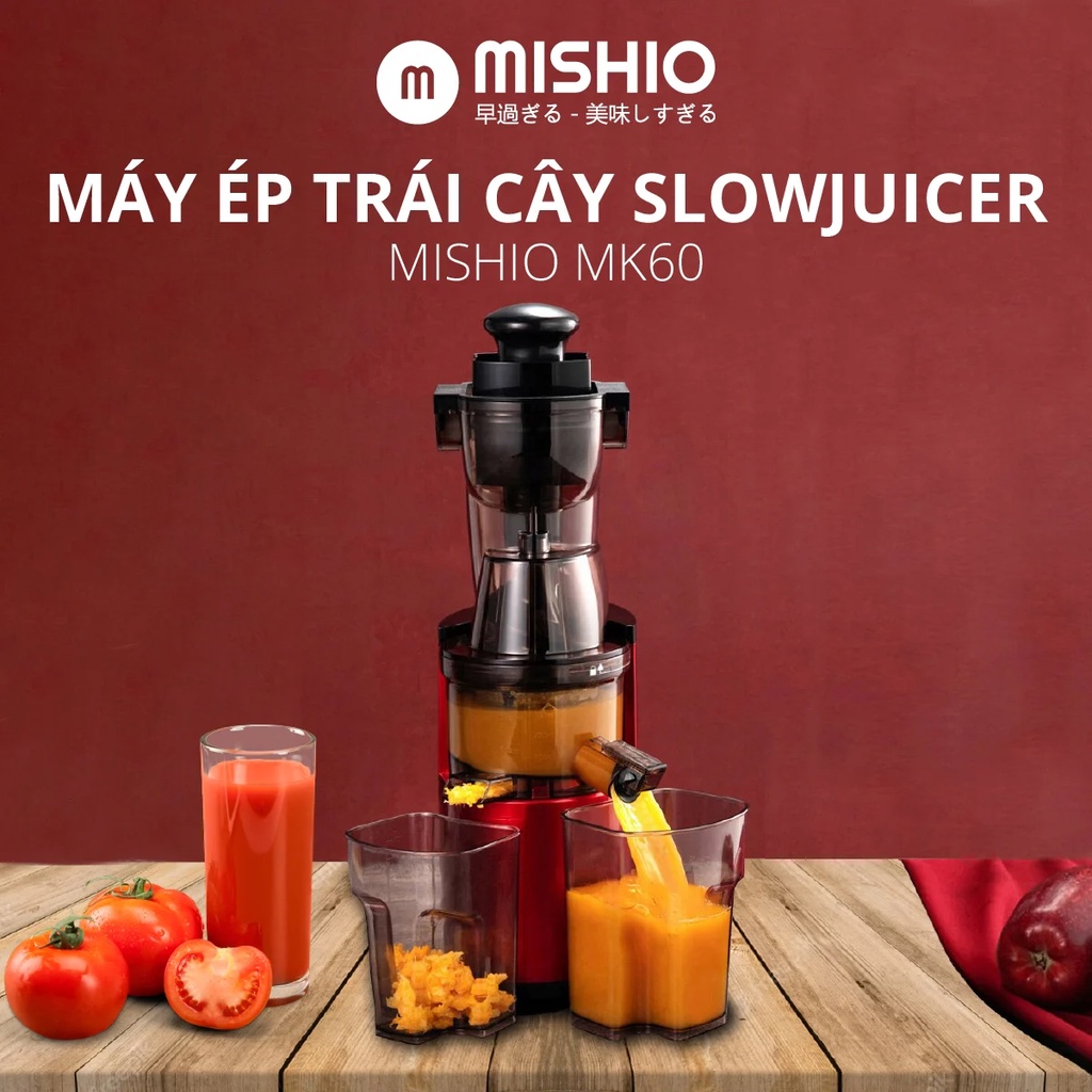 Máy ép trái cây Mishio slowjuicer MK60 motor đồng trục bánh răng thép bền bỉ trọng lượng máy 6kg