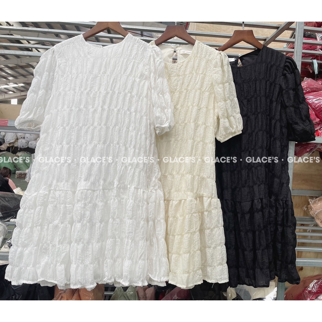 Váy đuôi cá GLACE Váy đầm suông babydoll dáng ngắn tay phồng chất liệu xốp nhăn dập ly kiểu dáng nữ tính thanh lịch | BigBuy360 - bigbuy360.vn