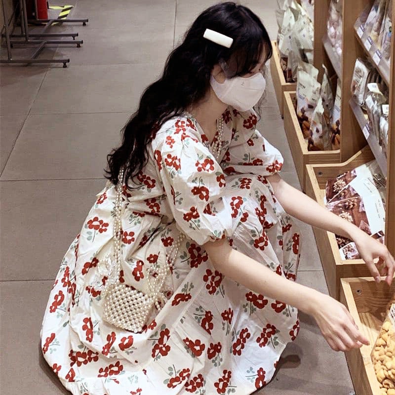 Đầm váy hoa đỏ babydoll du lịch biển body ulzzang thiết kế kiểu vintage tay ngắn dáng dài
