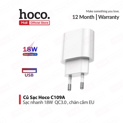 Củ sạc Hoco C109A sạc nhanh PD18W QC3.0 chân cắm EU 1 cổng USB chất liệu PC cao cấp