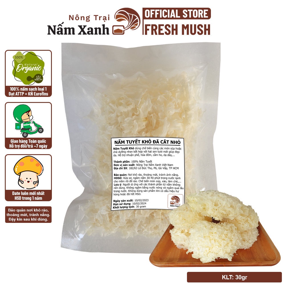 [NX Gift] Nấm Tuyết Khô (Ngân Nhĩ Khô) Cắt Nhỏ Sẵn Túi 30gr - Nông Trại Nấm Xanh