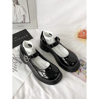 Giày búp bê nữ basic Mary Jane vintage đen da bóng