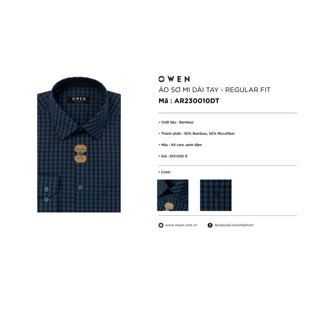 Áo sơ mi owen dài tay màu kẻ caro xanh đậm regular fit vải sợi tre AR230010DT