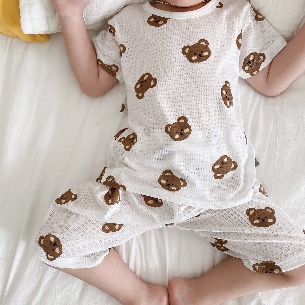 Đồ bộ bé trai bé gái hình gấu nâu vải cotton phong cách Hàn Quốc, Bộ quần áo trẻ em mềm mại thoáng mát