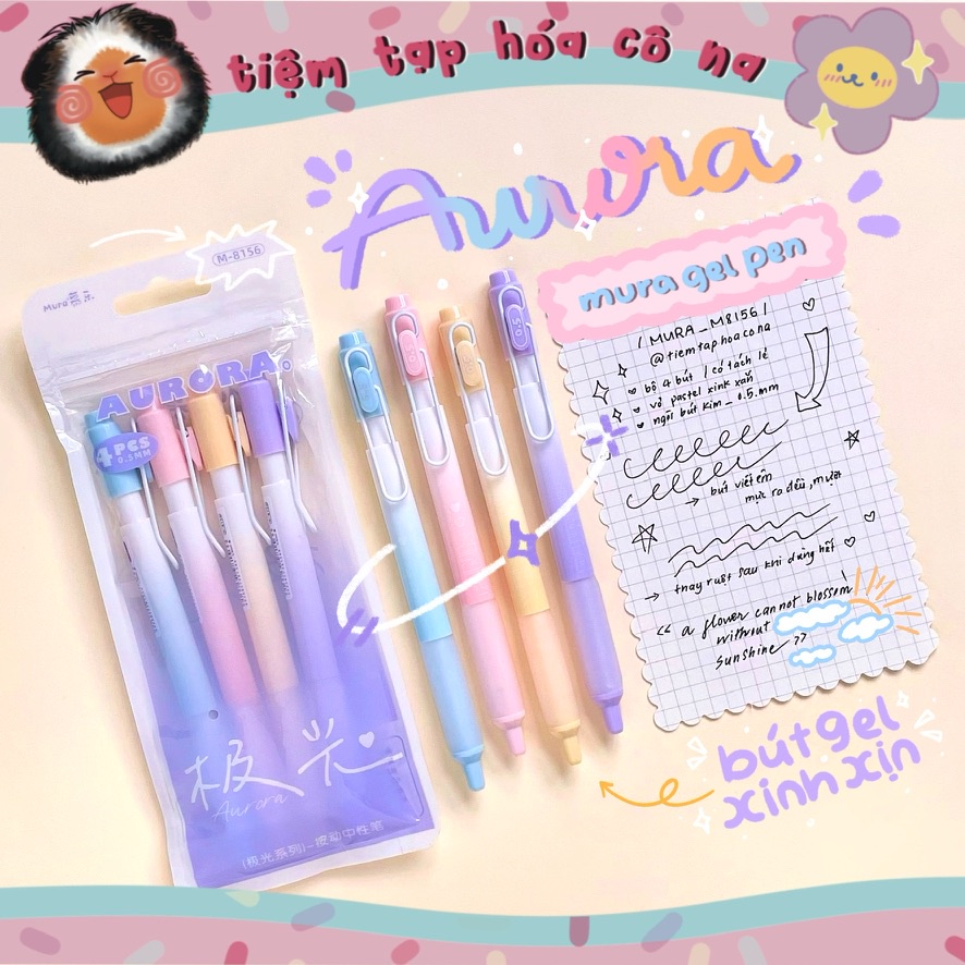 Bút gel bấm Mura Aurora tông màu pastel cực yêu - bút bi dễ thương, ngòi 0,5mm có thể thay thế... - tiemtaphoacona