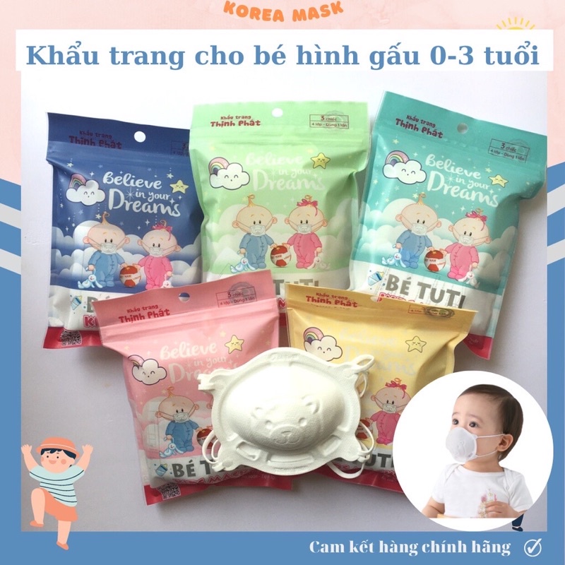 GÓI 3 CHIẾC KHẨU TRANG GẤU BÉ TU TI KIDS MASK THỊNH PHÁT SIZE TỪ SƠ SINH - 6 TUỔI