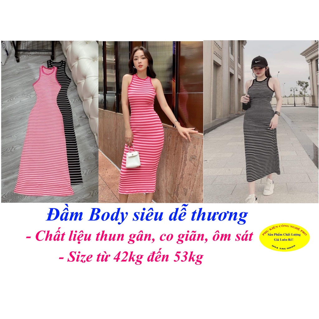 Đầm dài nữ body 3 lỗ sát nách, dễ thương Size từ 40kg đến 53kg, Chất liệu thun gân, co giãn, mềm mại, in sọc ngang