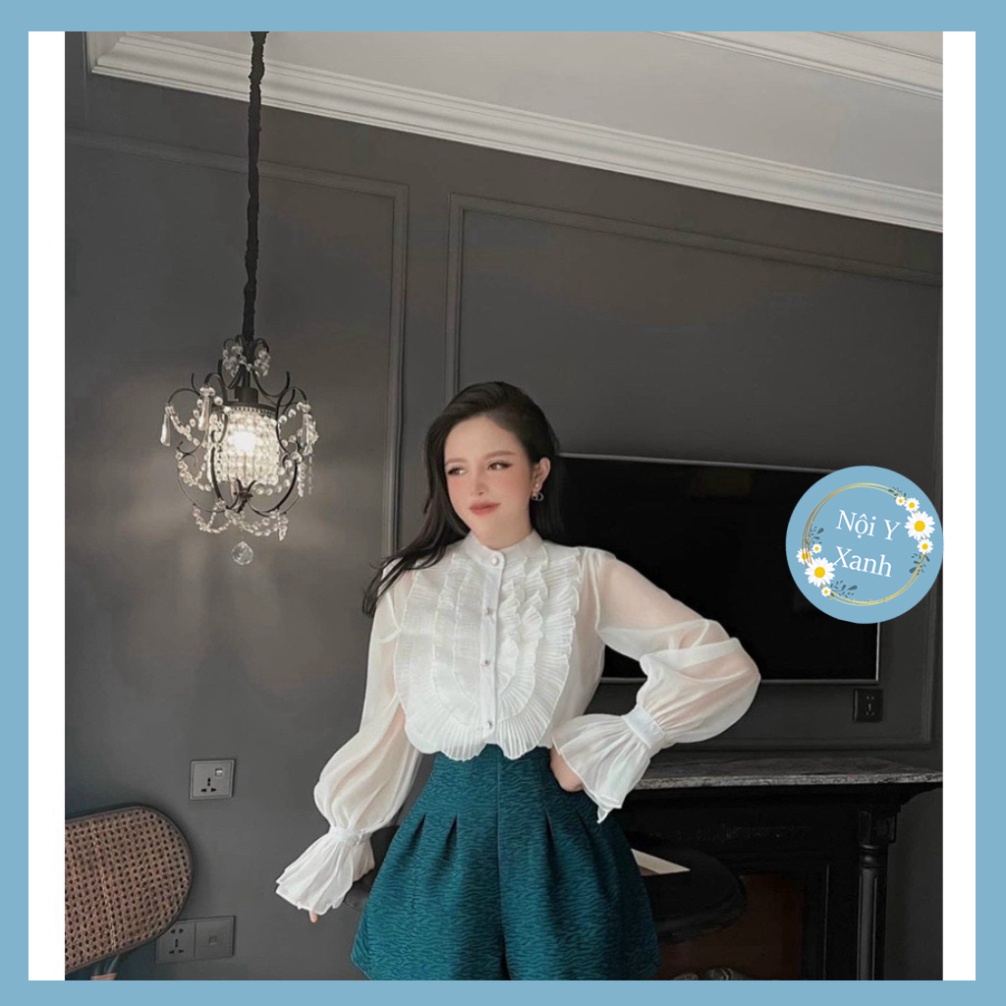 Áo sơ mi nữ kiểu phom rộng trắng be nâu tiểu thư -  Áo sơmi nữ phối bèo mặc đi học, đi làm nội y xanh - chất mát