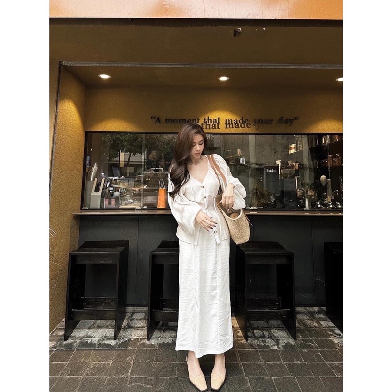 Set áo tay bồng dài tay cổ V kèm chân váy suông