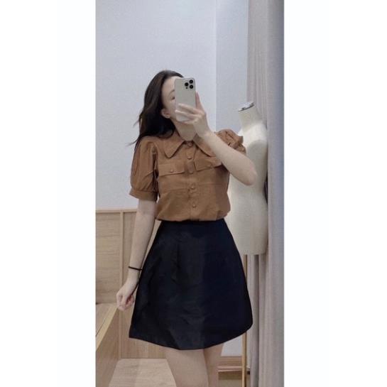 Sơ mi gu cúc bọc tay bồng màu nâu tây