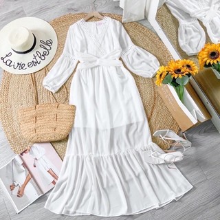 Đầm Maxi Vintage cổ V viền ren