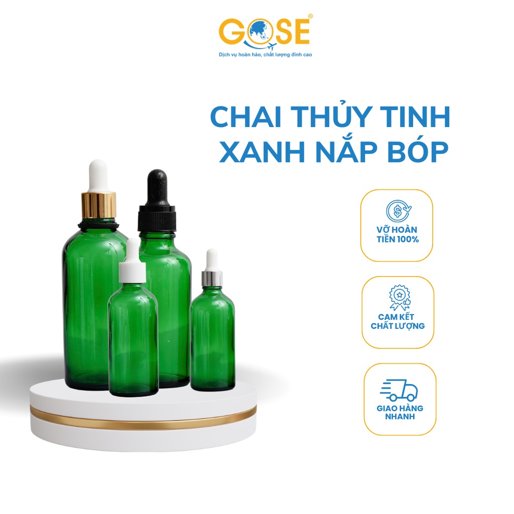 Chai lọ thủy tinh chiết tinh dầu GOSE thân xanh nắp bóp bộ chiết mỹ phẩm serum tinh chất