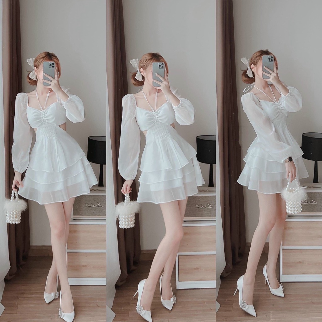 Váy đầm trắng hai tầng lót ren có mút ngực xinh xắn thời trang công sở, Set voan ngực tay bồng rút cột lưng thời trang d