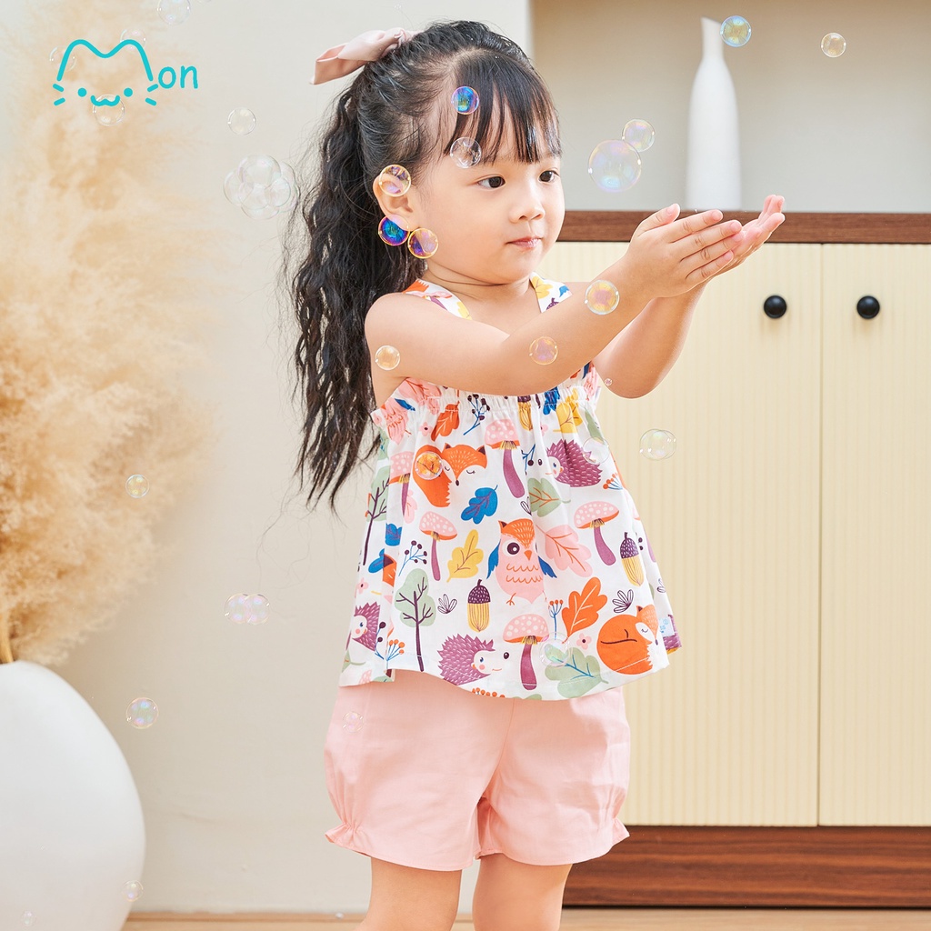 Bộ cộc bé gái hai dây chất liệu cotton cao cấp, nhẹ mát, phù hợp mặc nhà, đi chơi, đi học MonBabies MS2243