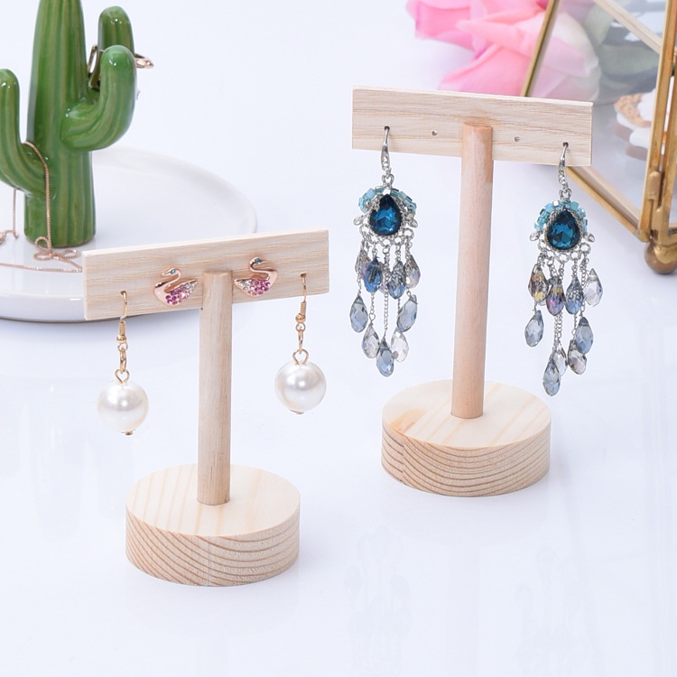 Giá đỡ tổ chức trang sức W/ Chân đế có thể tháo rời Đế bông tai Gỗ hình chữ T Giá trưng bày trang sức Bông tai màu tự nhiên Vòng cổ Vòng tay Hộp lưu trữ Hộp tổ chức