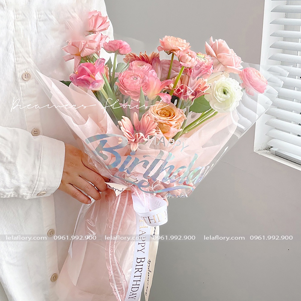 Giấy gói hoa bóng kính chữ Happy Birthday gói hoa tươi, hoa sáp (1 xấp 15 tờ) - GIA0077