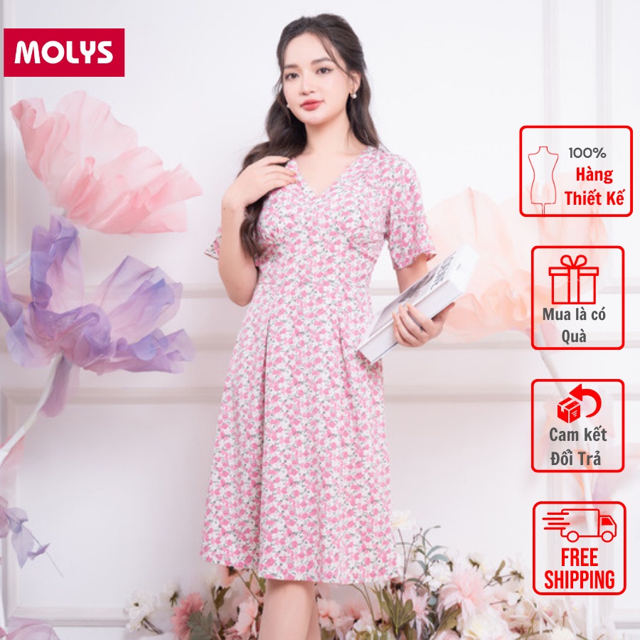 Đầm xòe cổ V đai eo bản to tay cánh tiên hoa nhí M2266