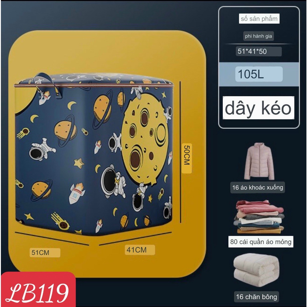 Túi Vải Đựng Quần Áo, Chăn Ga, Nắp Khóa Kéo, Cỡ Lớn, Gấp Gọn 100L Hình Phi Hành Gia