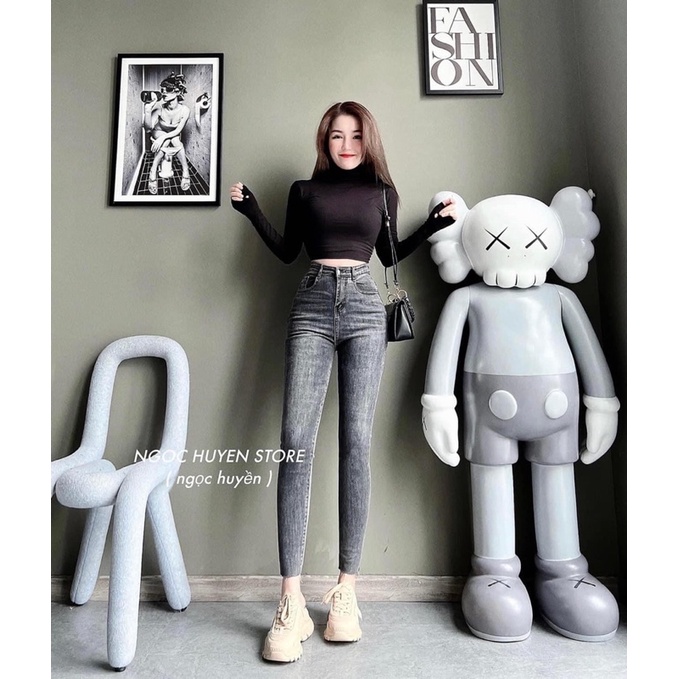 Set jeans dài co giãn xám đen + áo cổ lọ tay dài