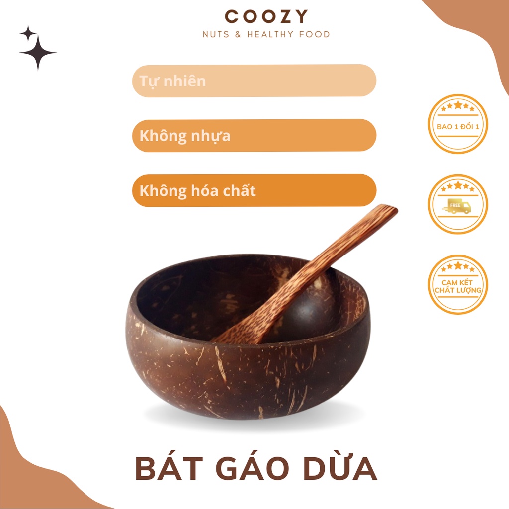 Bát chén gáo dừa và muỗng size lớn dùng để ăn ngũ cốc granola salad sữa chua hoa quả từ Coozy