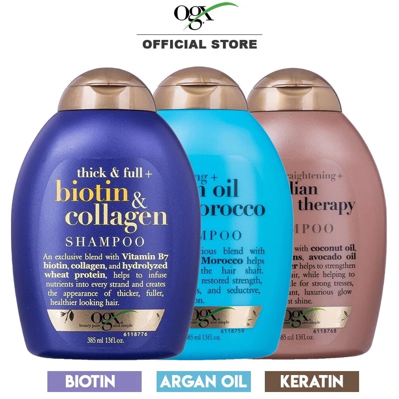 Dầu Gội và Xả dưỡng dày tóc, cấp ẩm, suôn mượt và phục hồi hư tổn OGX Biotin/Keratin/Argan/Cherry 385ml