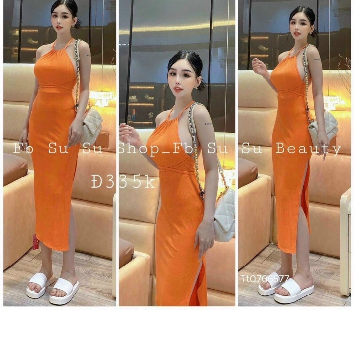 (2HAND SIÊU RẺ) Đầm Body Cổ Yếm Thiết Kế Xẻ Tà Chất Liệu Thun Gân Co Dãn Kiểu Dáng Sexy Phù Hợp Cho Nàng Đi Chơi, Đi Tiệ