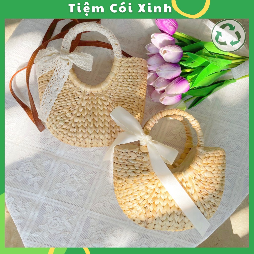 Túi xách cói mini quấn quai nơ ren làm đạo cụ chụp ảnh dễ thương cho mẹ và bé