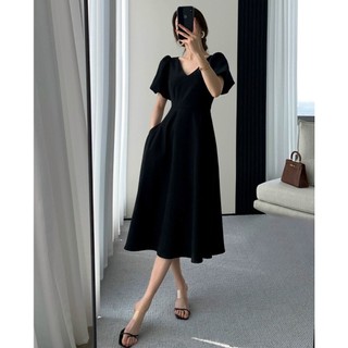 Đầm váy freesize đen cổ V tay phồng