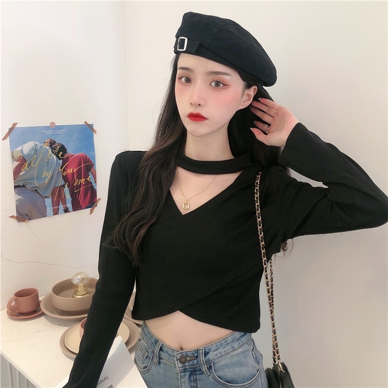 Áo croptop nữ tay dài phôi cổ choker vạt chéo