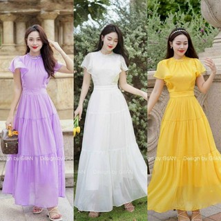Đầm Maxi Đi Biển Cổ Ngọc Tay Tiên Xinh Xắn Cho Bạn Gái, Chất Voan Tơ Cổ Ngọc 3 Màu Tím Vàng Trắng💥