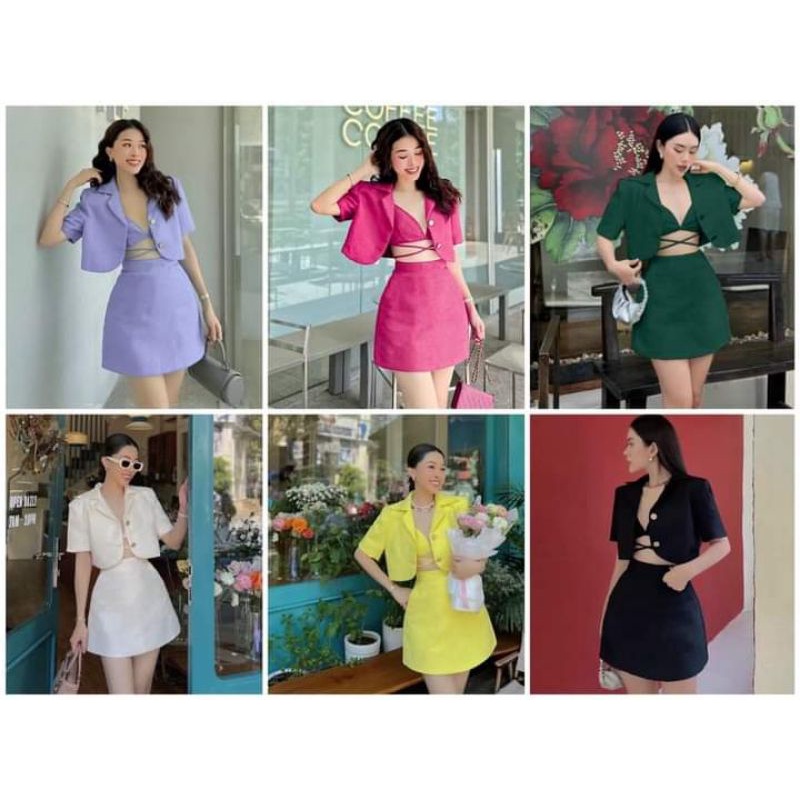 SET 3 MÓN: KHOÁC CROP VEST KÈM BRA CỘT DÂY EO + CHÂN VÁY  6M