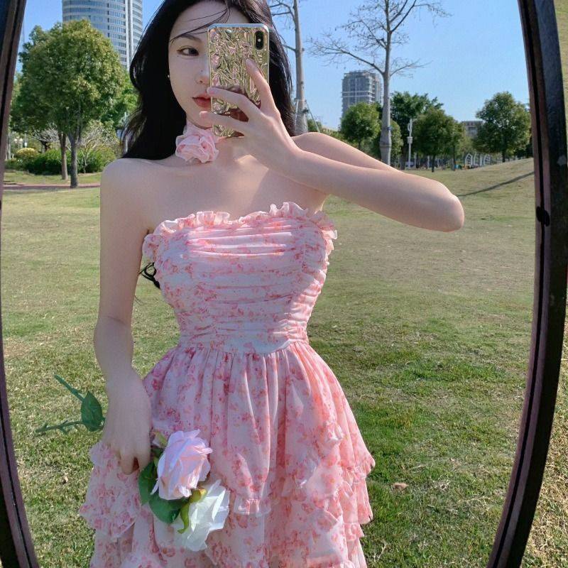 * * V y n * Đầm Chữ a Ngắn Xếp Ly Viền Bánh Ngọt Ngào Lưng Cao Mùa Xuân Cho Nữ