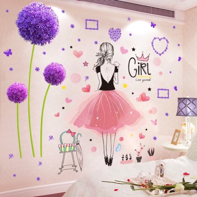 Decal dán tường Combo 2 tranh Cẩm Tú cầu và cô gái váy hồng quay lưng