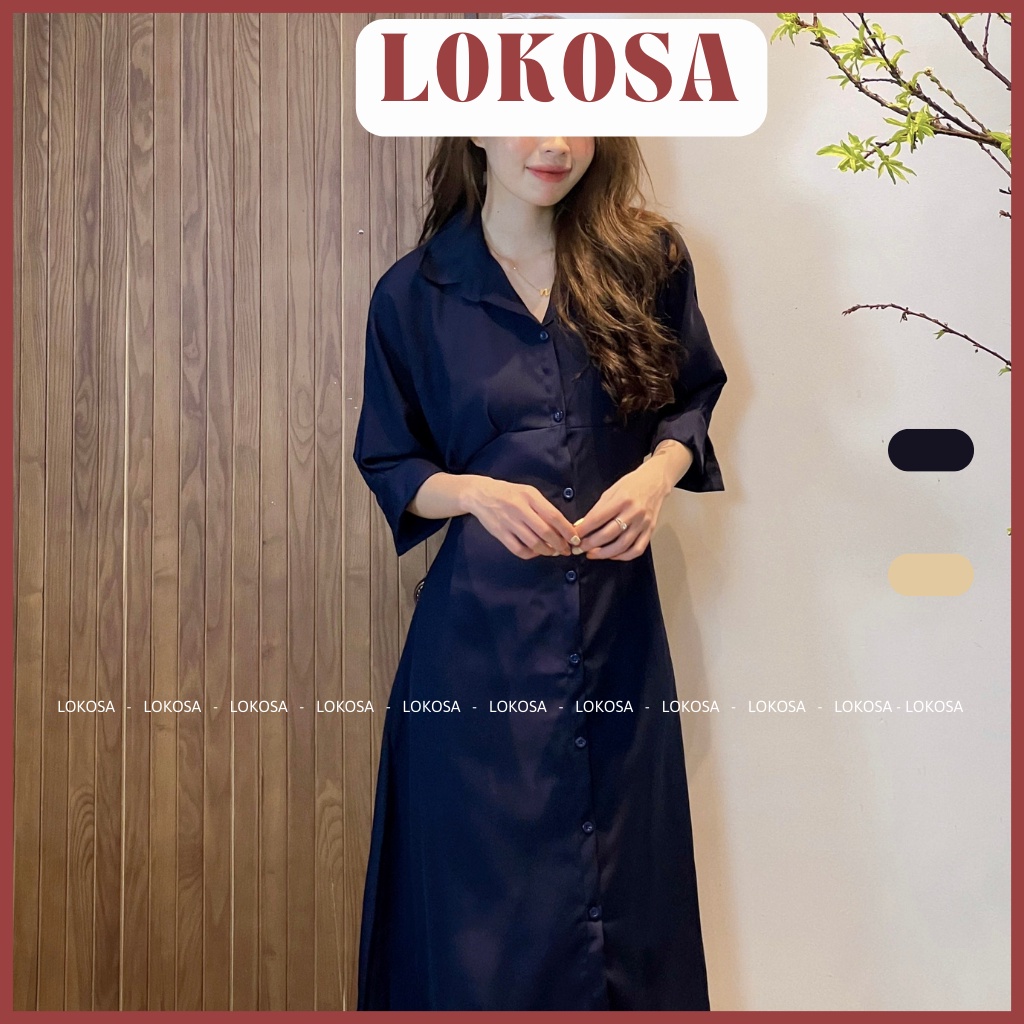 Đầm midi sơ mi nữ dáng dài LOKOSA Váy công sở Vintage màu trơn tay phồng thanh lịch đáng yêu VD006 | BigBuy360 - bigbuy360.vn