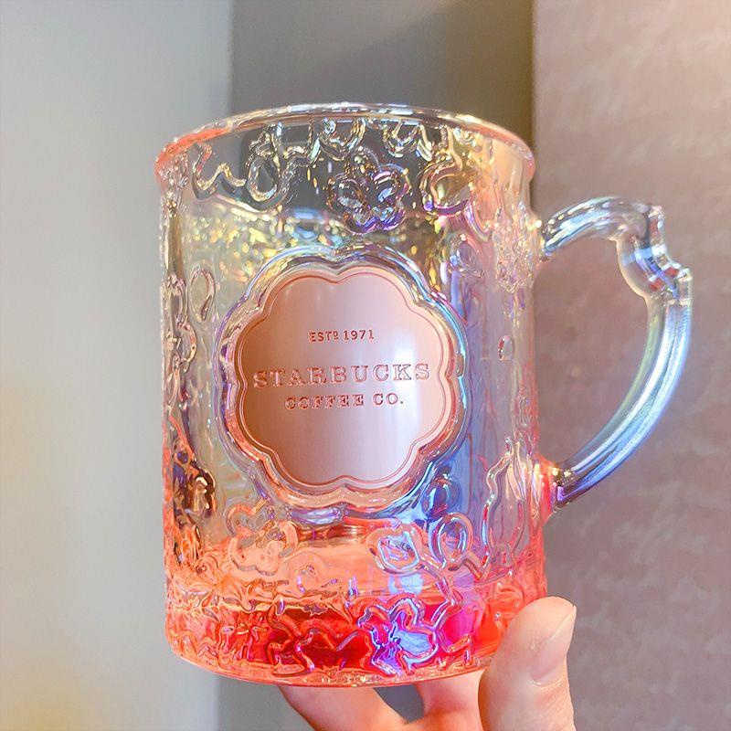 Cốc Uống Nước Starbucks Bằng Thủy Tinh Dập Nổi Họa Tiết Hoa Anh Đào Ba Chiều Cho Bạn Gái Ngày Lễ Tình Nhân