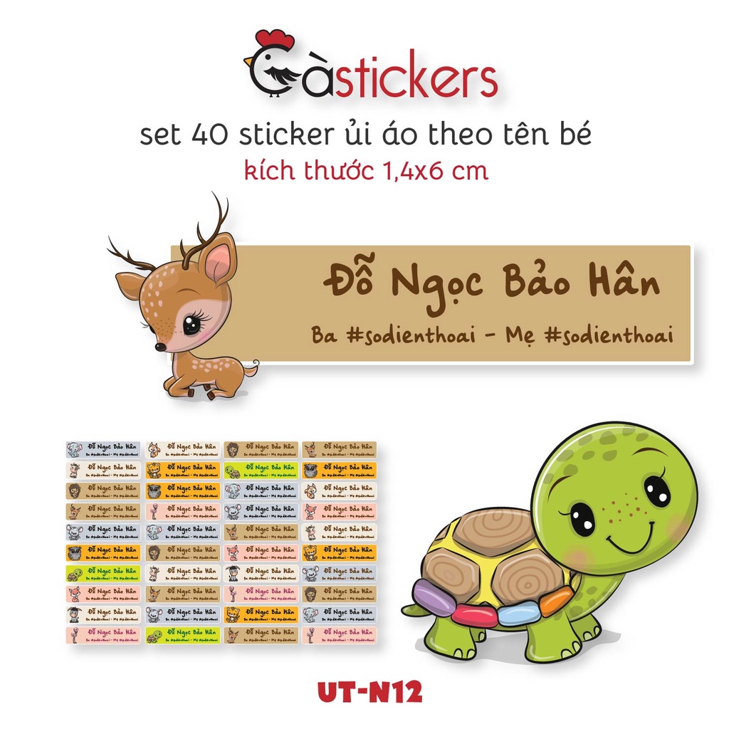 Sticker ủi áo in tên trẻ em GaStickers UT-N12- bộ 40 miếng kích thước 1,4 x 6 cm