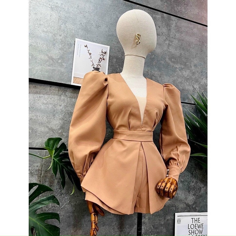 Jumsuit Body Nhấn Eo Cổ V Phối Lưới Kèm Quần Màu Sang Chảnh