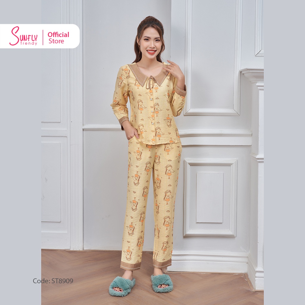 Bộ Đồ Mặc Nhà Nữ Linen SUNFLY Áo Tay Dài Quần Dài ST8909