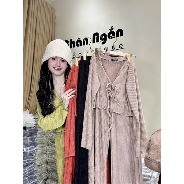 Set Bộ Thun Xốp Nhăn Thắt Cột Nơ Ngực Kèm Quần Xuông